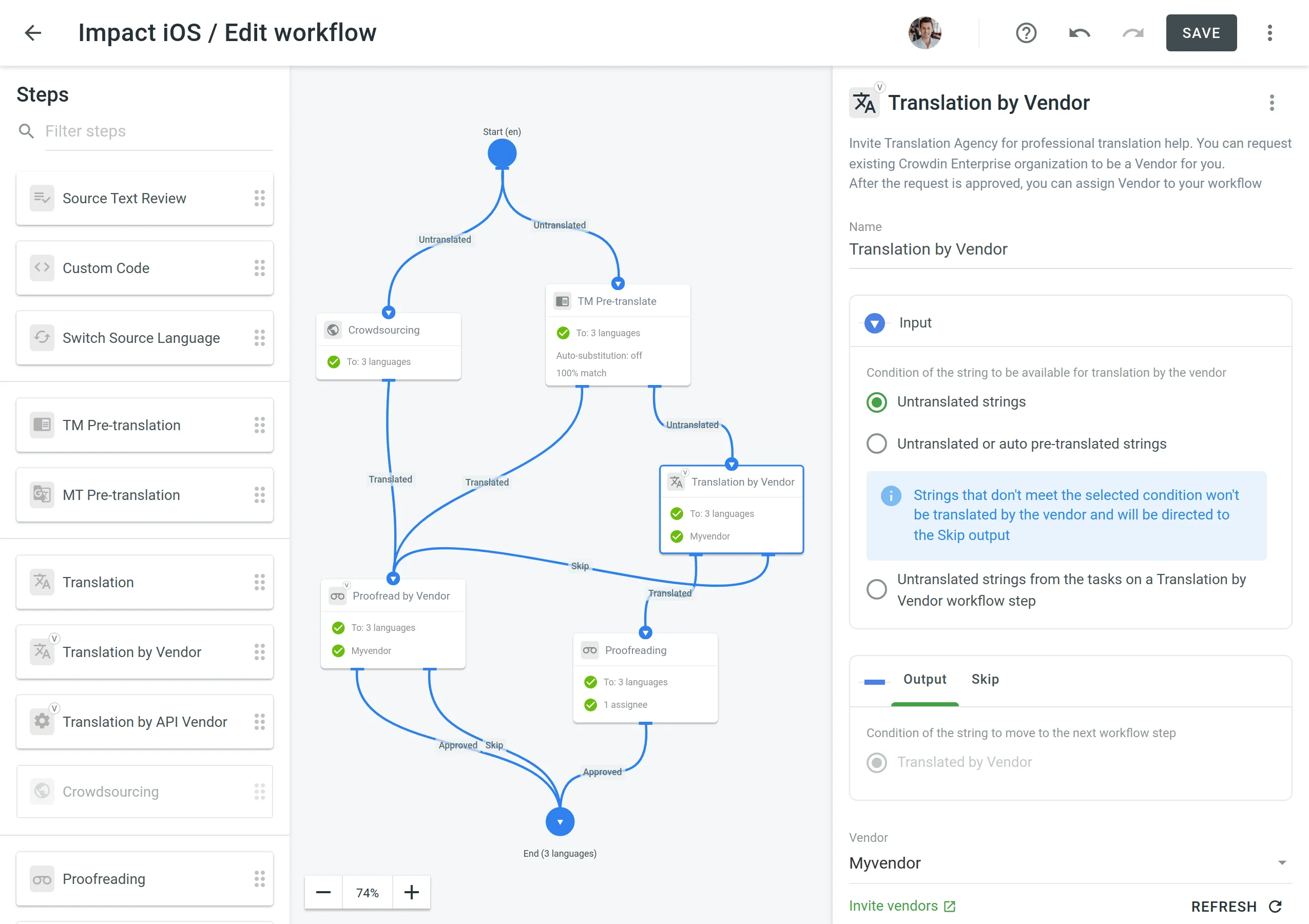 Translation by Vendor and Proofreading by Vendor in the Workflow Editor